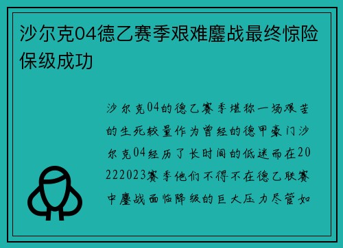 沙尔克04德乙赛季艰难鏖战最终惊险保级成功